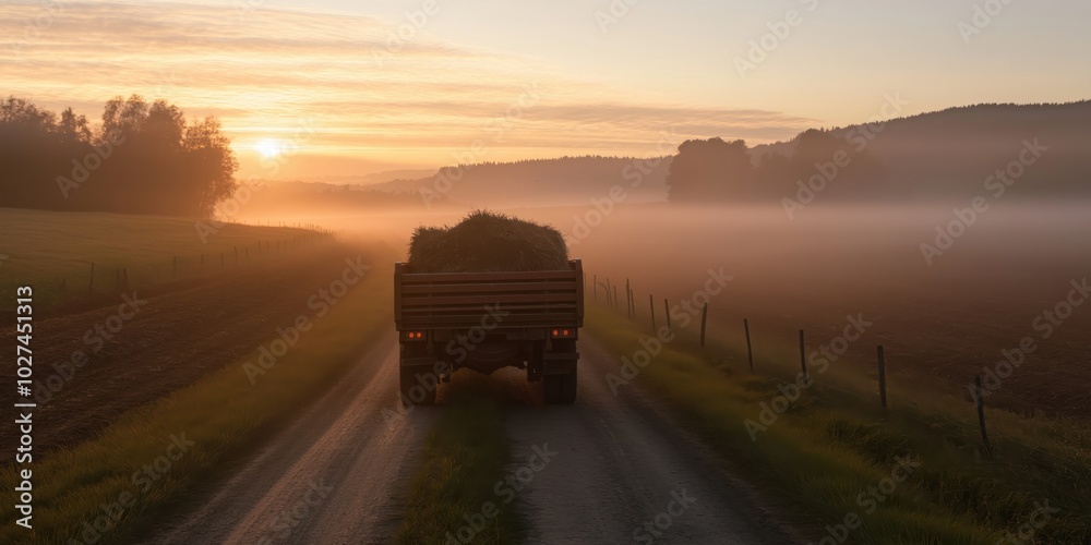 A tractor carrying wheat bales travels along a countryside road enclosed by fog, symbolizing the dawn of a working day and the tranquility of rural landscapes. A tractor carrying wheat bales travels along a countryside road enclosed by fog, symbolizing the dawn of a working day and the tranquility of rural landscapes.