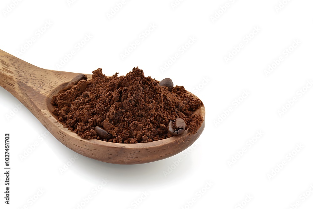 Cocoa powder in a wooden spoon isolated on white background. Cocoa powder in a wooden spoon isolated on white background.