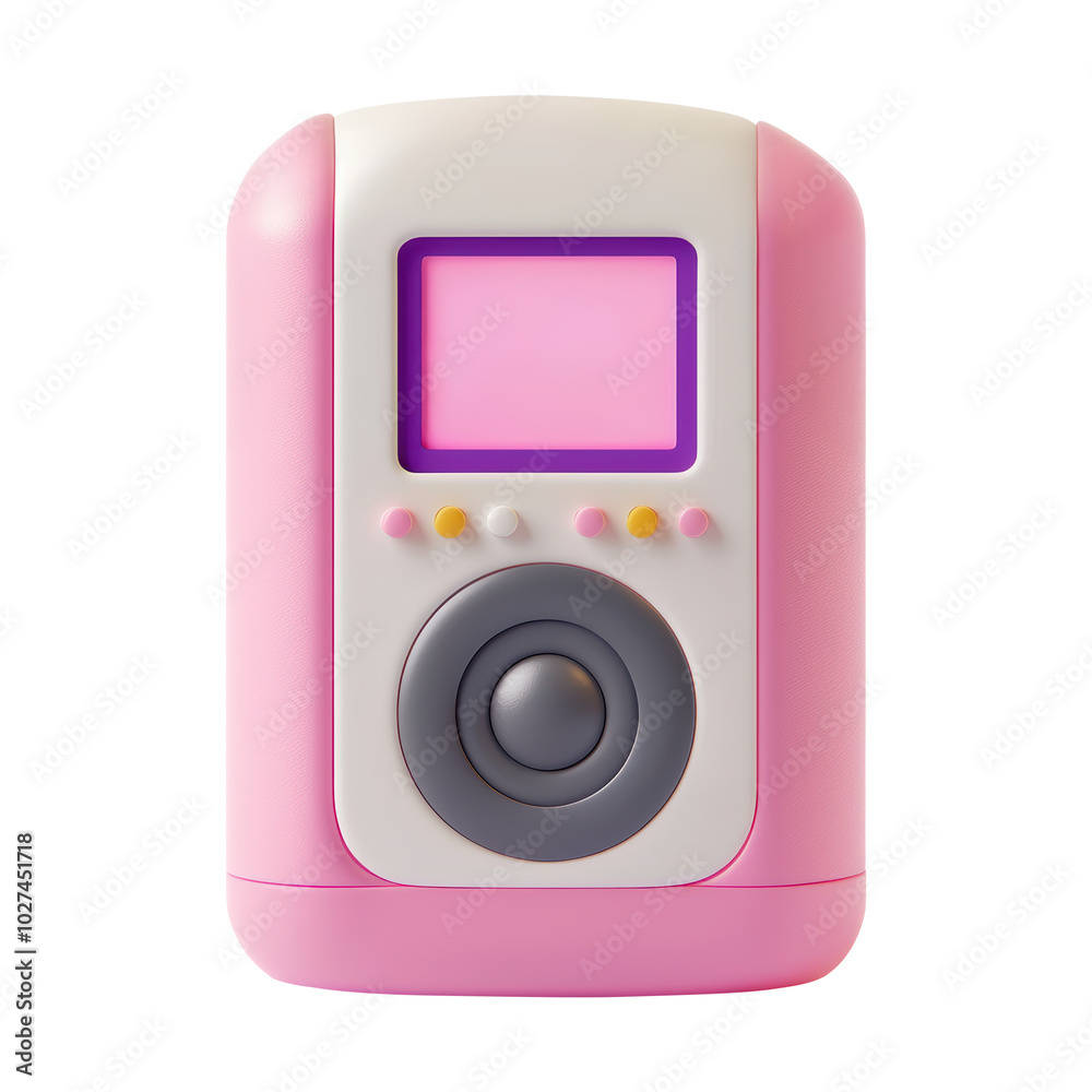 Fototapeta premium Pink 3D device featuring a small display screen and multiple colorful buttons. Playful and modern style, combining soft pastel tones with functional elements. Isolated on transparent background, png.