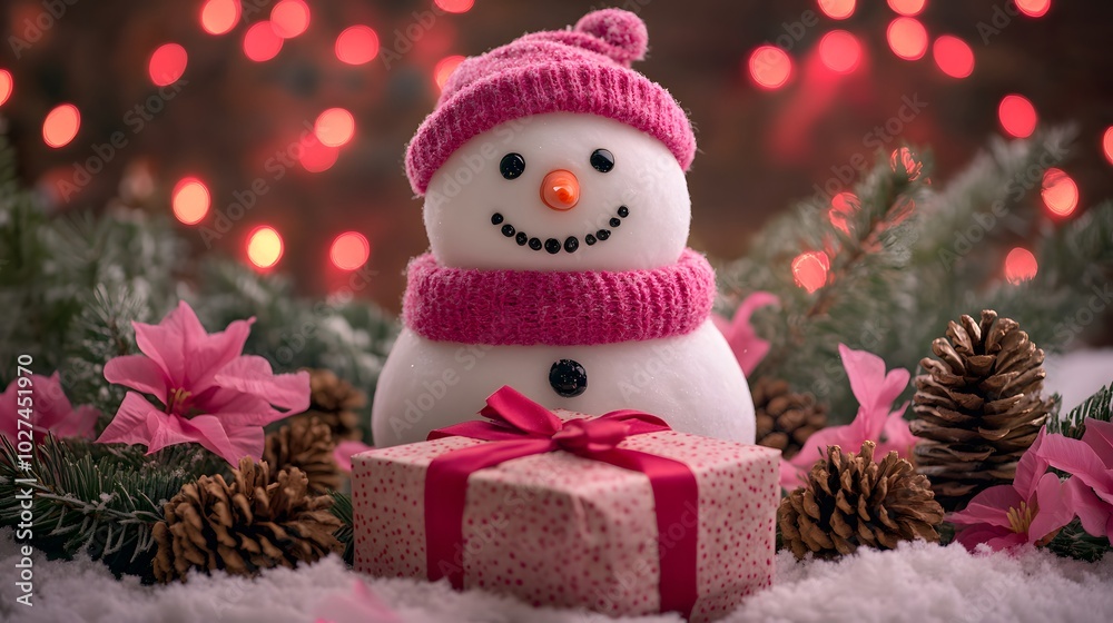 Festive Snowman with Gift and Pine Cones for Christmas Decoration Festive Snowman with Gift and Pine Cones for Christmas Decoration