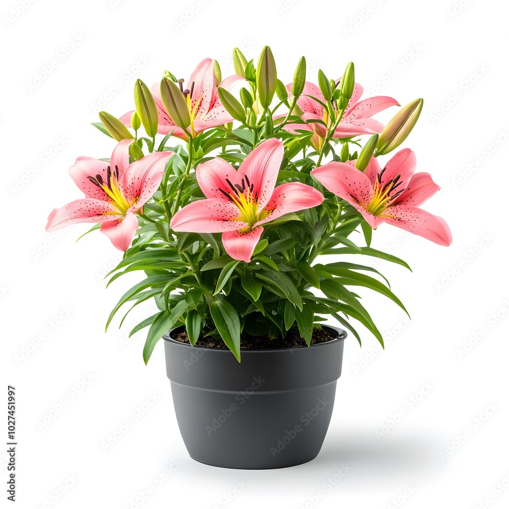 Obraz premium Pink Lily Flowers in Pot Blooming Plant Isolated on White