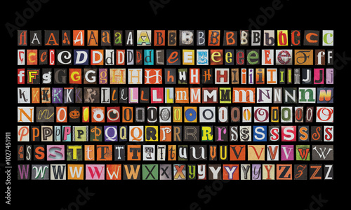 Set of cut-out Spooky Happy Halloween English alphabet from magazines on a black background, retro y2k style