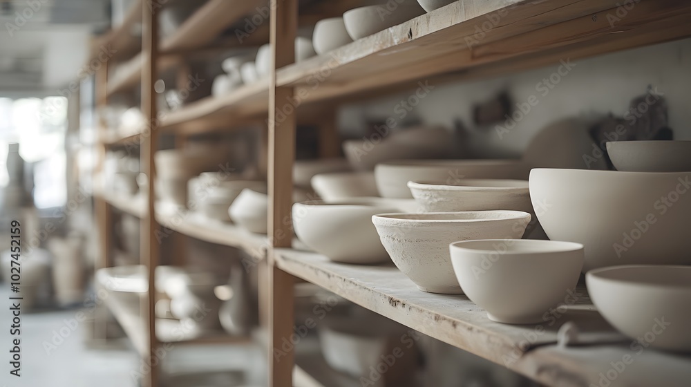 Pottery Studio Shelf With White Ceramic Bowls and Dishes