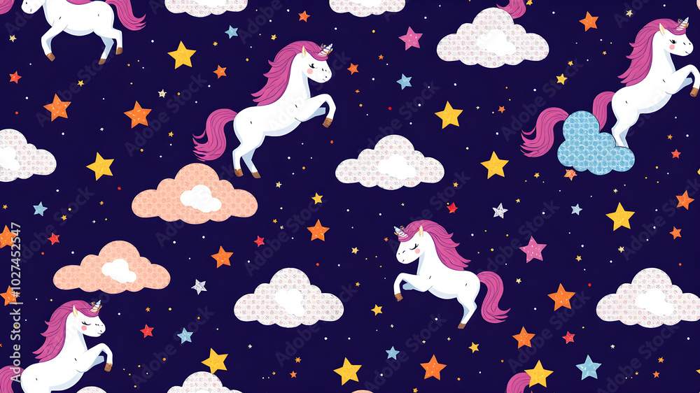Pattern with cute unicorns clouds rainbow and stars. Magic background with little unicorns. Generative AI Pattern with cute unicorns clouds rainbow and stars. Magic background with little unicorns. Generative AI