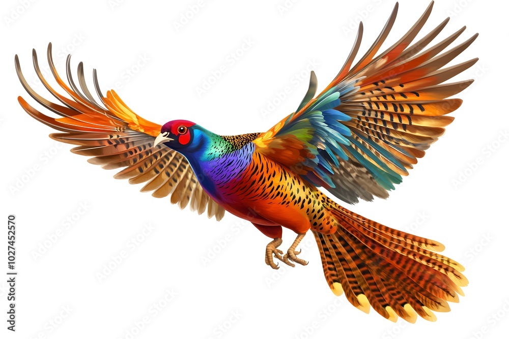 Fototapeta premium Colorful Pheasant Bird in Flight Isolated on White Background