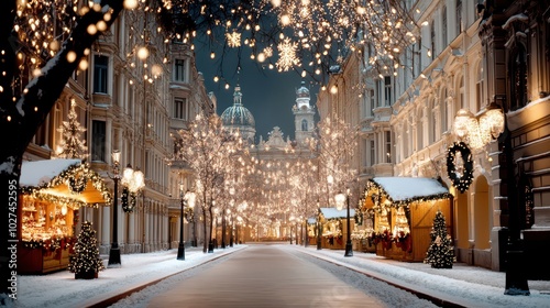 Charming winter streets adorned with twinkling lights and festive decorations from historic European Christmas markets at night