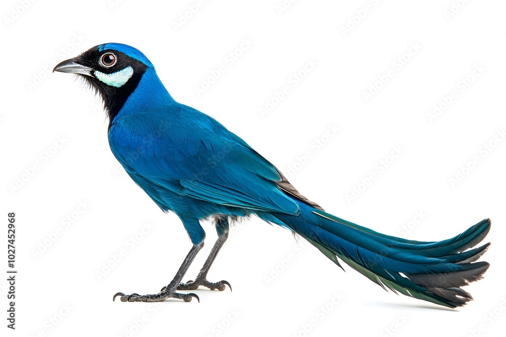 Obraz premium Vibrant Blue Bird with Long Tail Feathers on White Background