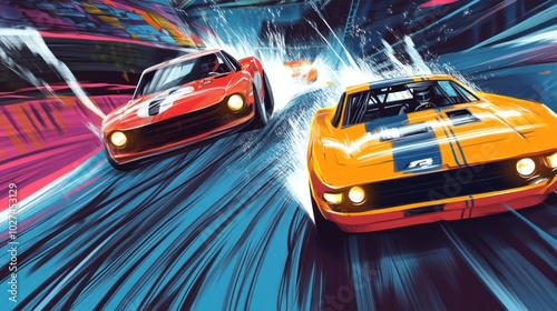 Speedway racing illustrations, showcasing cars in a high-speed race around a track, detailed and engaging scenes