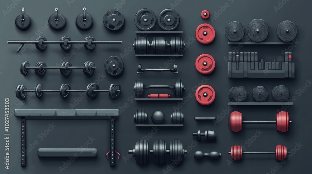 Strength training vector set, showcasing dumbbell and kettlebell exercises in a home gym setup Strength training vector set, showcasing dumbbell and kettlebell exercises in a home gym setup