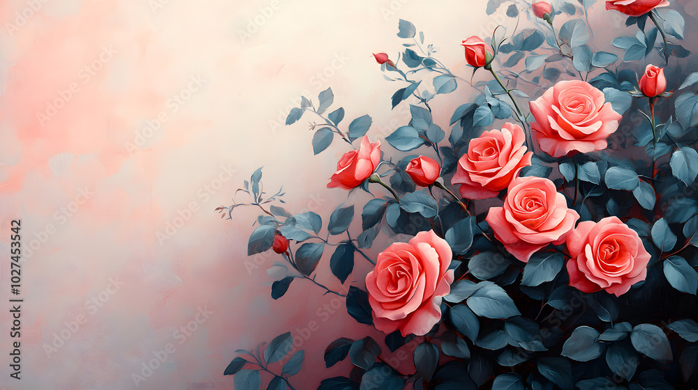 A Vibrant Oil Painting Featuring Lush Roses and Eucalyptus with a Central Pink Square Surrounded by Striking Red Flowers A Vibrant Oil Painting Featuring Lush Roses and Eucalyptus with a Central Pink Square Surrounded by Striking Red Flowers