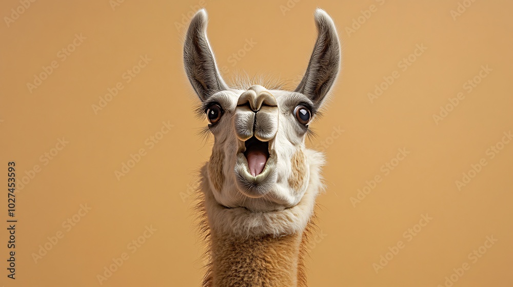 Obraz premium Llama with big, surprised eyes and open mouth on a light brown background.