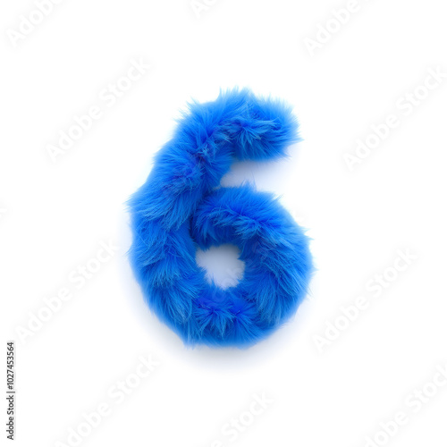 Photograph of the number six made of blue faux fur on a white background. The bright and original design creates an attractive visual effect, ideal for creative projects, logo design. Generative AI