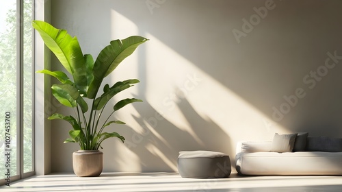 Minimalist Living Room with Recycled Furniture and Energy Efficient Lighting Showcasing Eco Conscious Consumerism Concept photo