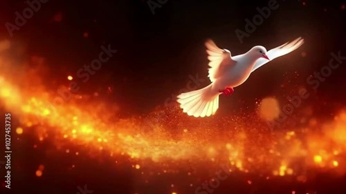  Bright Fire White Dove in Sky Digital Animation. Angel wing glistening in sunlight, close-up Descent of the Holy Spirit
