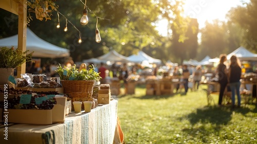 Vibrant Eco Conscious Festival with Sustainable Stalls and Vegan Food Options in a Green Park Setting photo