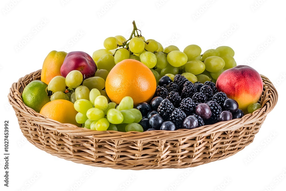Fresh Fruit Basket with Grapes Oranges Blackberries and Peaches Fresh Fruit Basket with Grapes Oranges Blackberries and Peaches