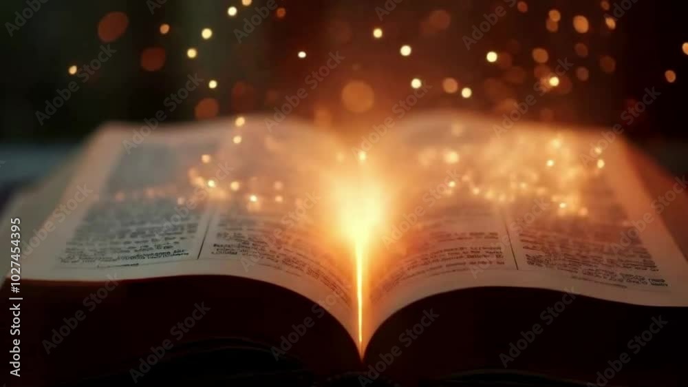 Magical book with glowing pages and floating symbols. magic book with lights, religious book