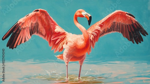 Pink flamingo standing in shallow water with wings spread wide.