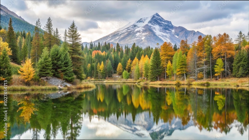 A serene mountain lake reflects autumn colors, framed by trees and towering mountains under crisp, cold air. A serene mountain lake reflects autumn colors, framed by trees and towering mountains under crisp, cold air.