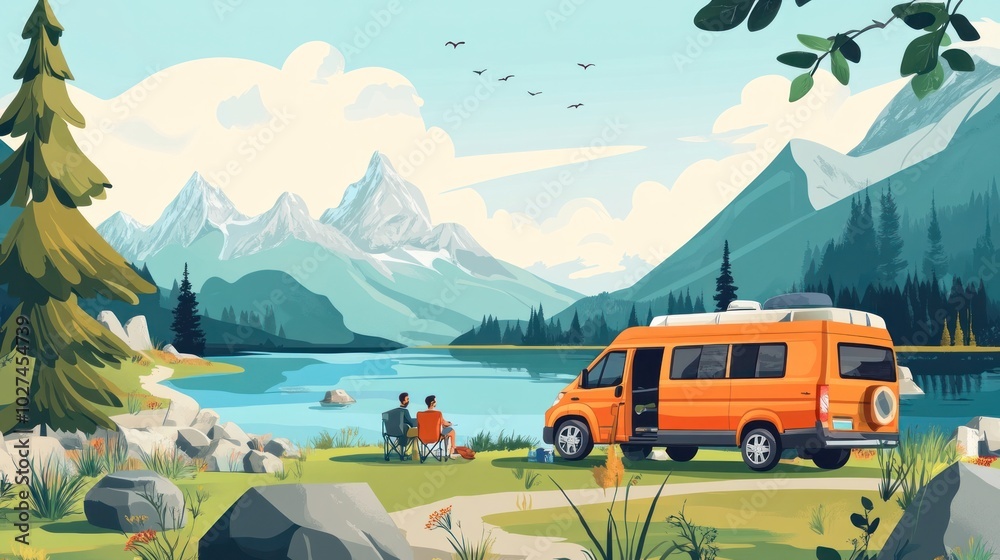 Van life vector illustrations, depicting a van parked at a scenic spot, with travelers enjoying the outdoors