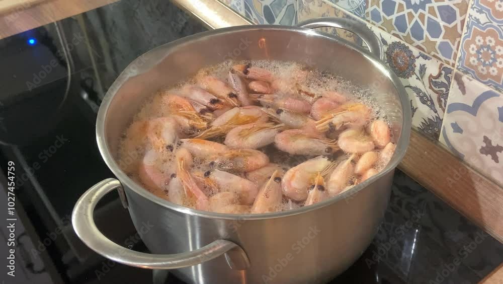 Shrimp cooked in a pot on an induction stove Shrimp cooked in a pot on an induction stove