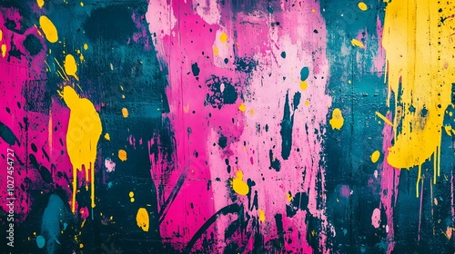 Bold and vibrant abstract background with neon pink, yellow, and blue splatters, creating an energetic, street art-inspired vibe