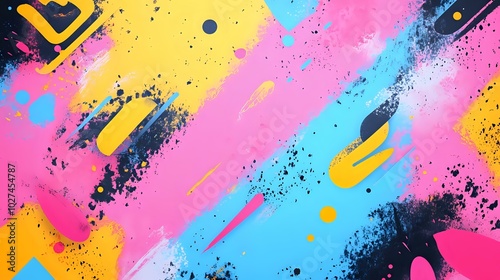 Bright, playful abstract background with neon splashes of pink, yellow, and blue, mixed with geometric shapes for a fun, energetic vibe photo