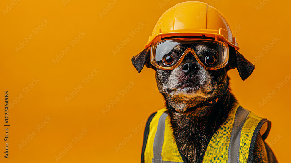 Professional Canine Engineer Confident Dog in Safety Gear at Construction Site Professional Canine Engineer Confident Dog in Safety Gear at Construction Site