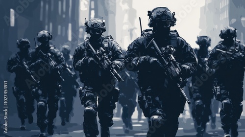 Vector graphics of tactical units, soldiers in formation, ready for action, modern and sleek designs