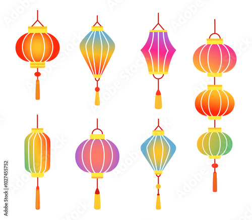 Chinese colorful holiday lanterns set. Asian trendy decoration. Design cartoon elements in flat style. 