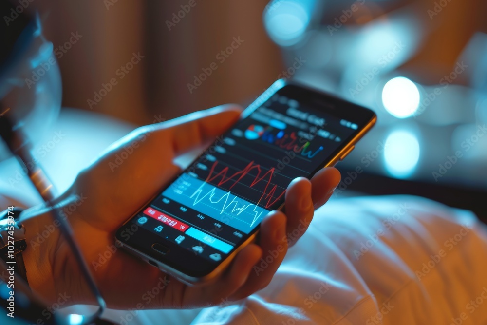 Analyzing stock market data on smartphone in dim lighting Analyzing stock market data on smartphone in dim lighting