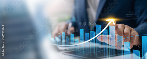 global finance and investment strategy, businessman analytics data and technology to drive business growth, optimize market performance, and forecast economic trends for sustainable success photo