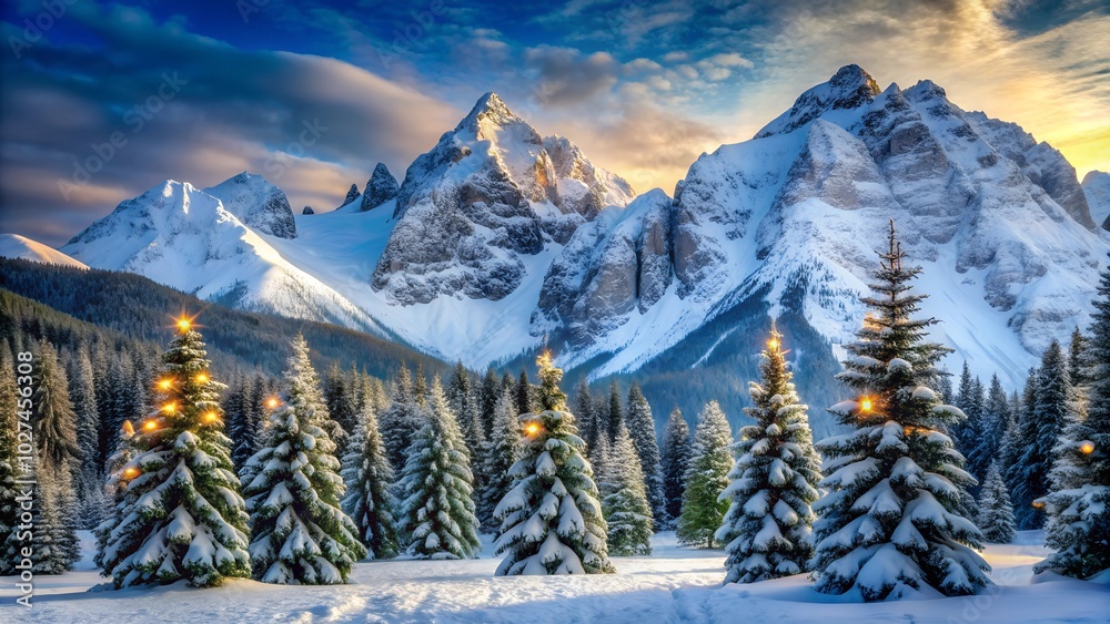 Winter Landscape with Snow-Covered Trees and Festive Lights Winter Landscape with Snow-Covered Trees and Festive Lights