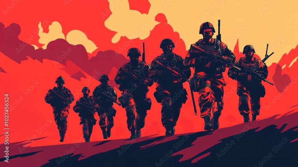 Fototapeta premium Vector illustration of an armed forces team, showcasing coordination between different branches, vibrant and detailed