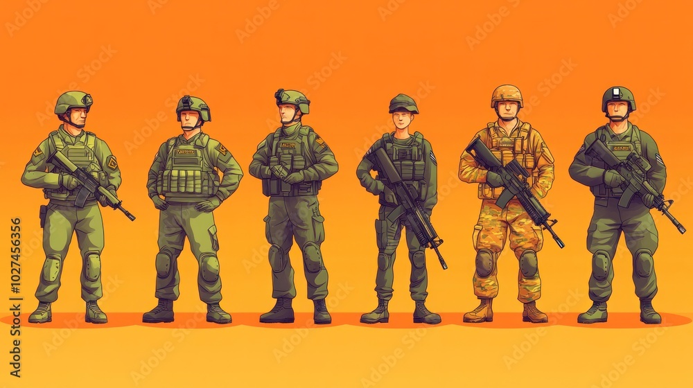 Vector illustration of army personnel in various poses, including combat soldier, medic, and engineer, vibrant and dynamic style Vector illustration of army personnel in various poses, including combat soldier, medic, and engineer, vibrant and dynamic style