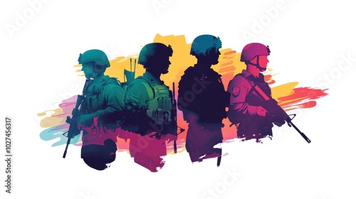 Vector illustration of an armed forces team, showcasing coordination between different branches, vibrant and detailed photo