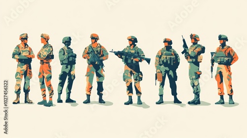 Vector illustration of army personnel in various poses, including combat soldier, medic, and engineer, vibrant and dynamic style