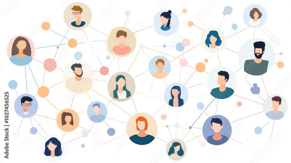 Simplistic Social Network Illustration with Pastel Avatars and Flat Design Simplistic Social Network Illustration with Pastel Avatars and Flat Design
