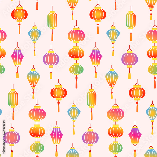 Seamless pattern with chinese colored holiday lanterns. Cartoon flat paper lanterns on pink background.