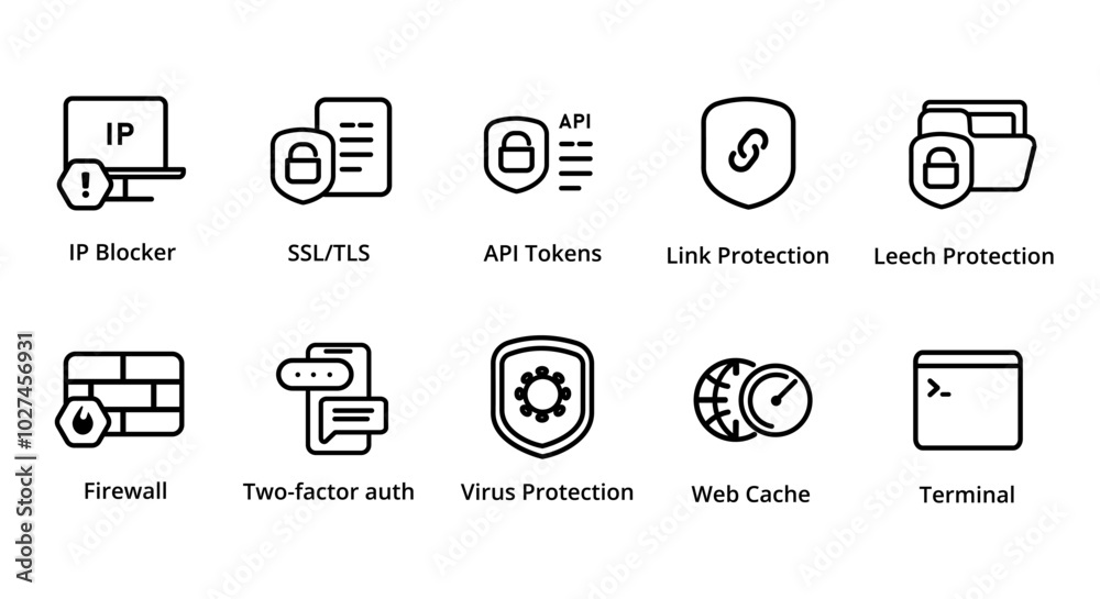 IP blocker SSL TLS API tokens link protection leech firewall two factor authentication web cache terminal icon collection set vector graphic illustration web hosting server management tools IP blocker SSL TLS API tokens link protection leech firewall two factor authentication web cache terminal icon collection set vector graphic illustration web hosting server management tools