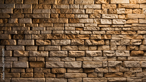 A close-up of a textured stone brick wall illuminated by warm light, highlighting the details and rough surfaces of the bricks.