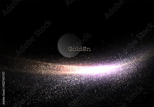Isolated wonderful golden arch with shiny tinsel on black background.