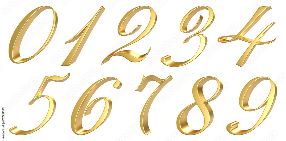 set of handwriting gold number 3d render set of handwriting gold number 3d render