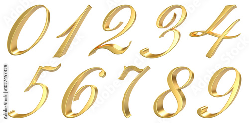 set of handwriting gold number 3d render