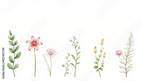 Set of flowers: pink lilies, anemones, roses, palm leaf, eucalyptus leaves on white background. Watercolor drawing AI Generate