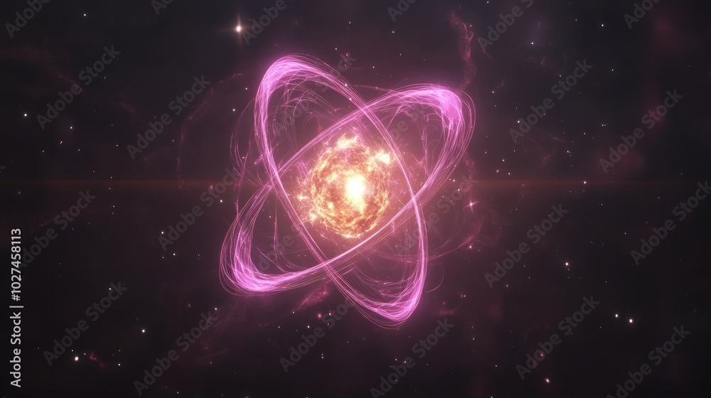 Obraz premium Glowing Atomic Structure in Space with Pink Orbits and Stars