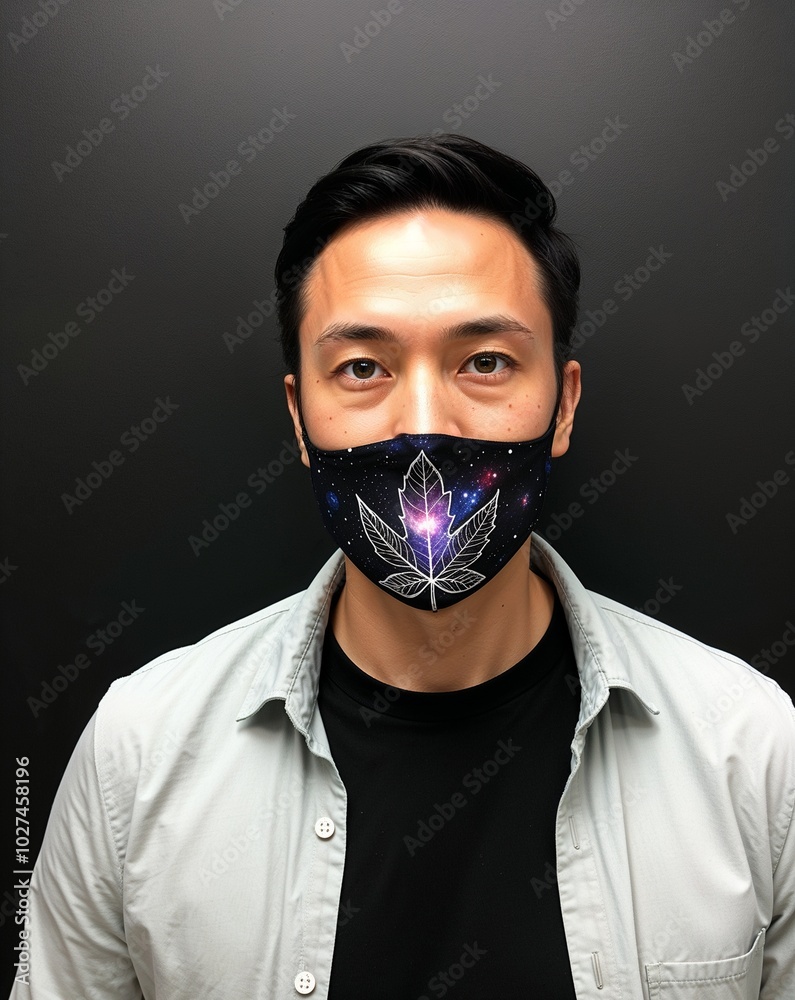 A man with a detailed leaf design showcasing cosmic features on plain black background A man with a detailed leaf design showcasing cosmic features on plain black background