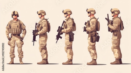 Vector soldier poses, showcasing diverse action stances, equipped with modern military gear