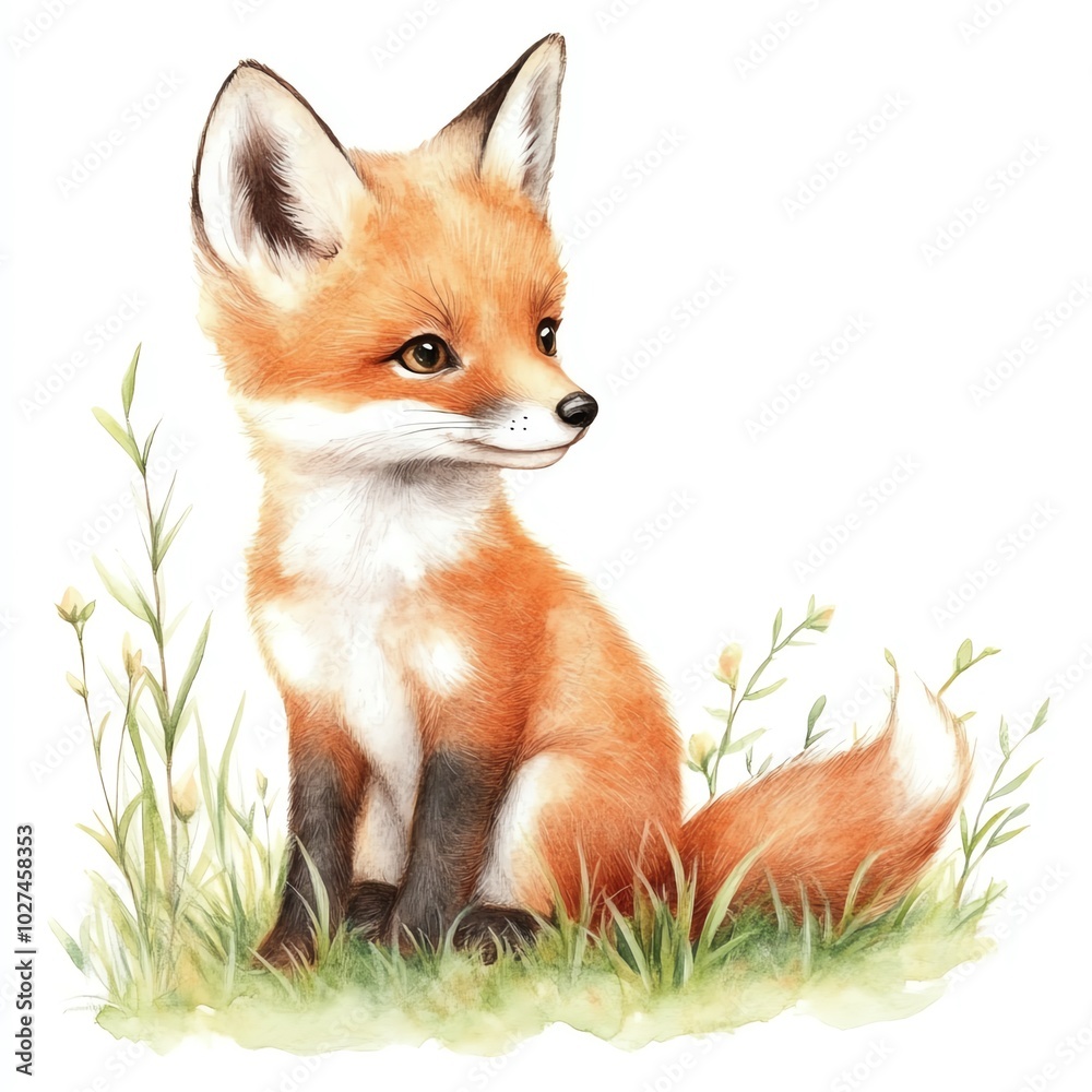 Fototapeta premium Adorable fox sitting in lush grass, cute and colorful illustration.
