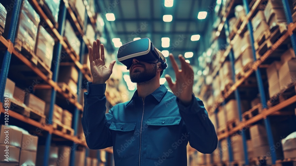 Virtual reality training in warehouse management, person interacting with digital environment, immersive tech tools Virtual reality training in warehouse management, person interacting with digital environment, immersive tech tools